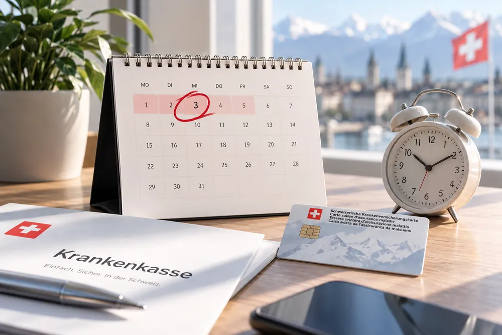 Tischkalender mit markiertem Datum, Wecker und Krankenversicherungskarte vor einer Schweizer Stadt am See